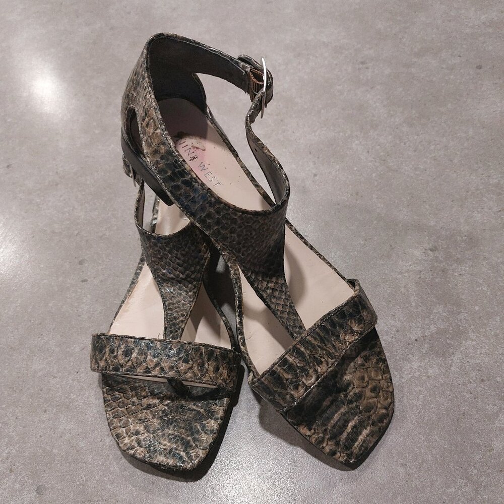NINE WEST Women's Faux Snakeskin Thong/Ankle Strap Sandals - Tan/Black - Sz 8.5M